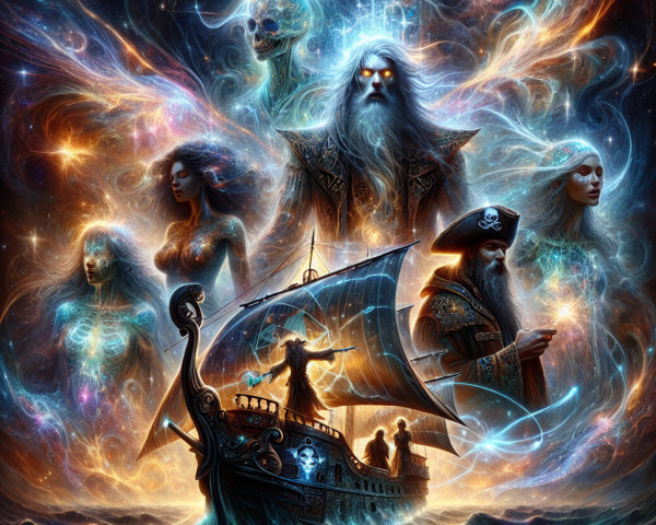 Ghostly Ship in Vibrant Cosmic Landscape with Spectral Figures