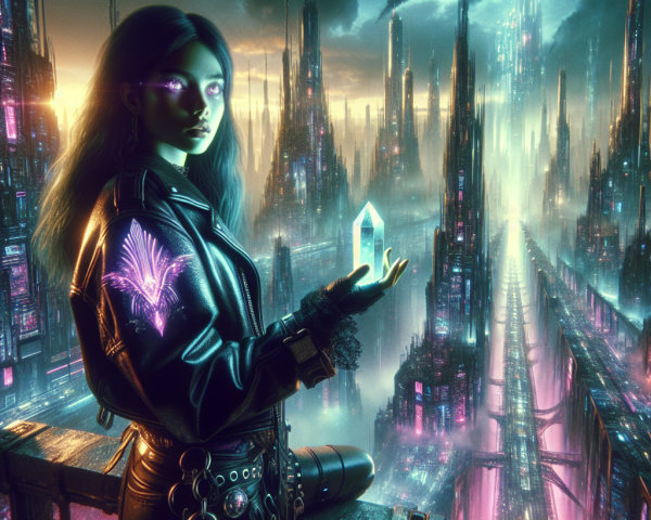 Futuristic Cityscape with Neon Lights and Young Woman