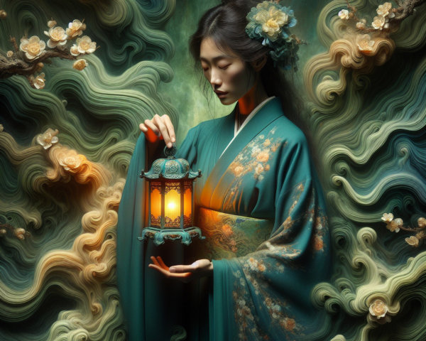 Serene Woman in Teal Kimono with Ornate Lantern