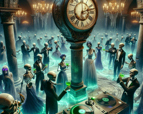 Skeletons Dancing in a Grand Hall with Chandelier Lights