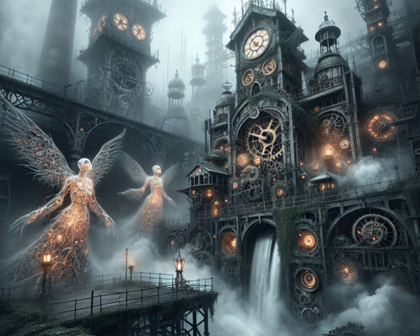 Steampunk City with Clockwork and Ethereal Beings