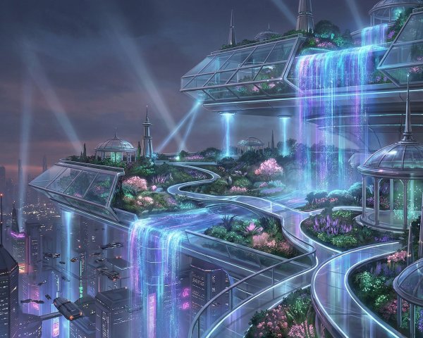 Futuristic vertical cityscape with floating park at night