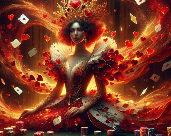 Queen figure in red and gold gown with flames and cards