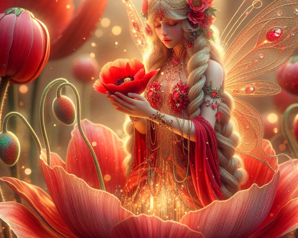 Fairy in a Poppy Surrounded by Glowing Lights