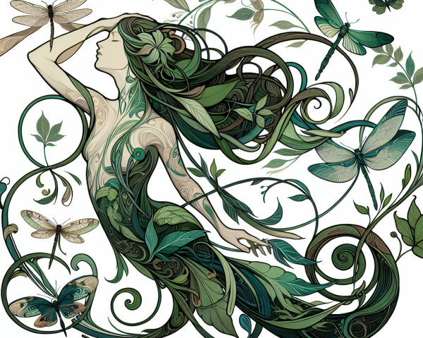 Art Nouveau Illustration of Woman with Nature Elements