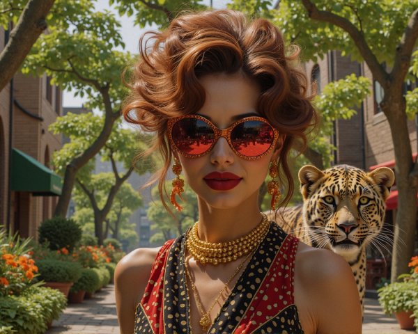 Stylish Woman with Leopard in Vibrant Outdoor Setting