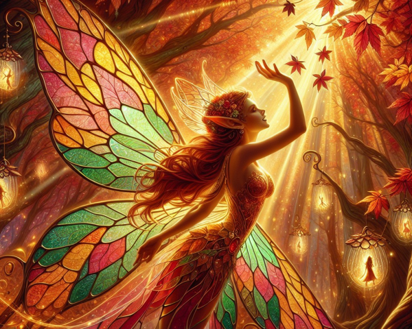 Fairy in Magical Forest with Stained Glass Wings