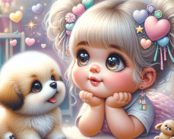Whimsical Scene of Child with Puppy in Pastel Colors