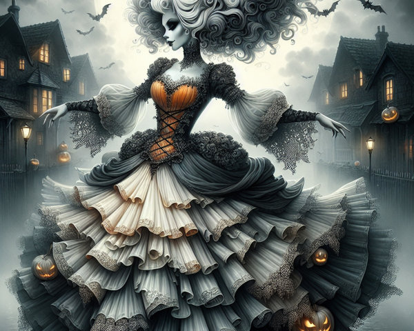 Gothic Figure in Misty Moonlit Street with Pumpkins