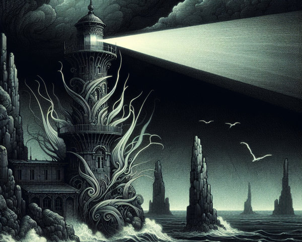 Monochromatic Lighthouse Amid Stormy Tentacle Shapes
