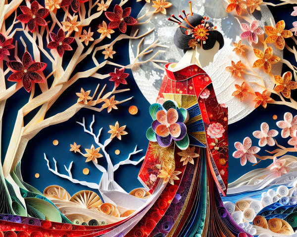 Paper Quilling Artwork of Kimono Figure Under Moon