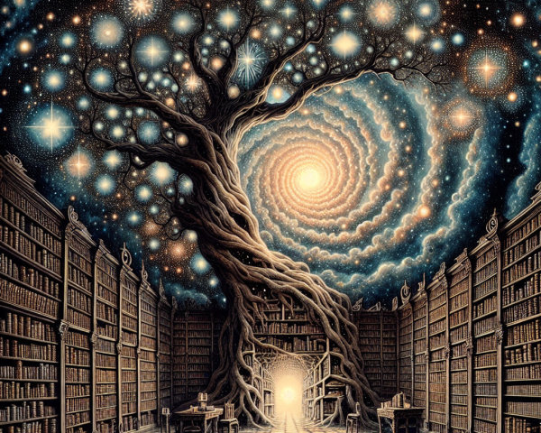 Library with Towering Bookshelves and Ancient Tree