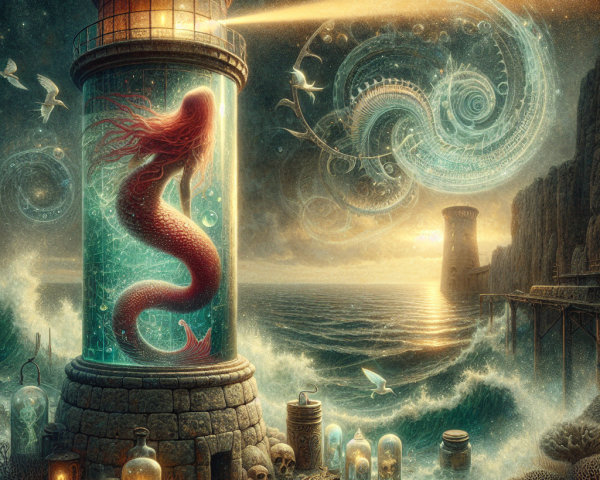 Lighthouse with Mermaid and Mysterious Shoreline Elements