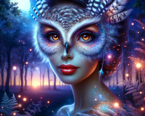 Mystical Portrait of Woman with Owl Mask in Forest
