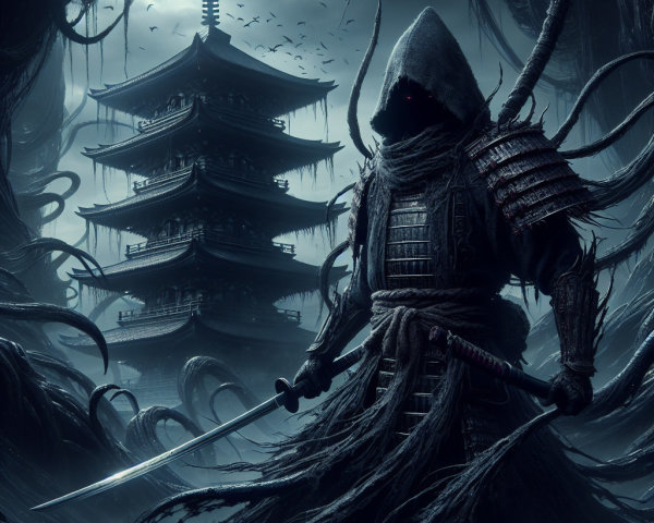 Dark Figure in Twisted Landscape with Pagoda and Mist