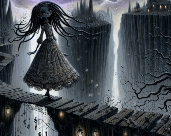 Whimsical Dark Landscape with Girl on Wooden Bridge