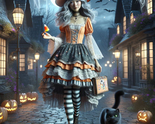 Whimsical Halloween Scene with Young Witch and Cat