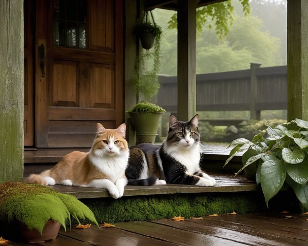 Cats Relaxing on a Wooden Porch Amidst Greenery