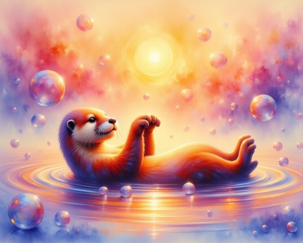 Playful otter floating in serene pastel waters