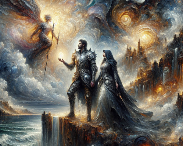 Knight and Woman on Cliff Overlooking Turbulent Seas