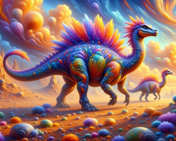Colorful Dinosaurs in a Surreal Landscape Scene
