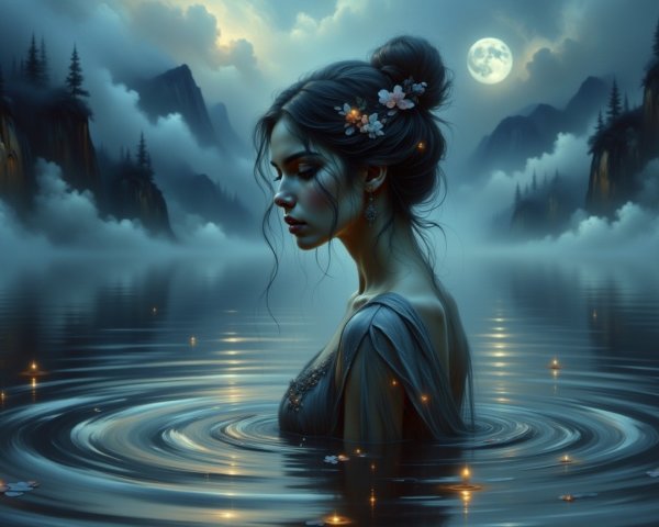 Serene figure by tranquil lake under full moonlight