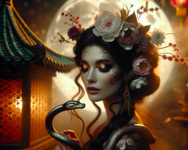 Mystical Woman with Snake Under Full Moonlight
