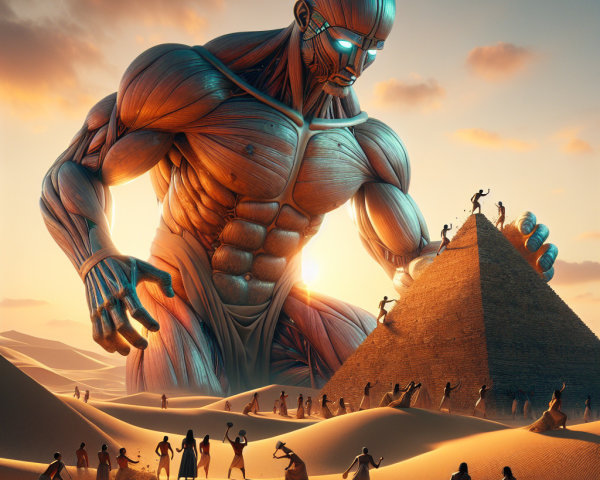 Futuristic Figure Over Ancient Egyptian Pyramid Builders