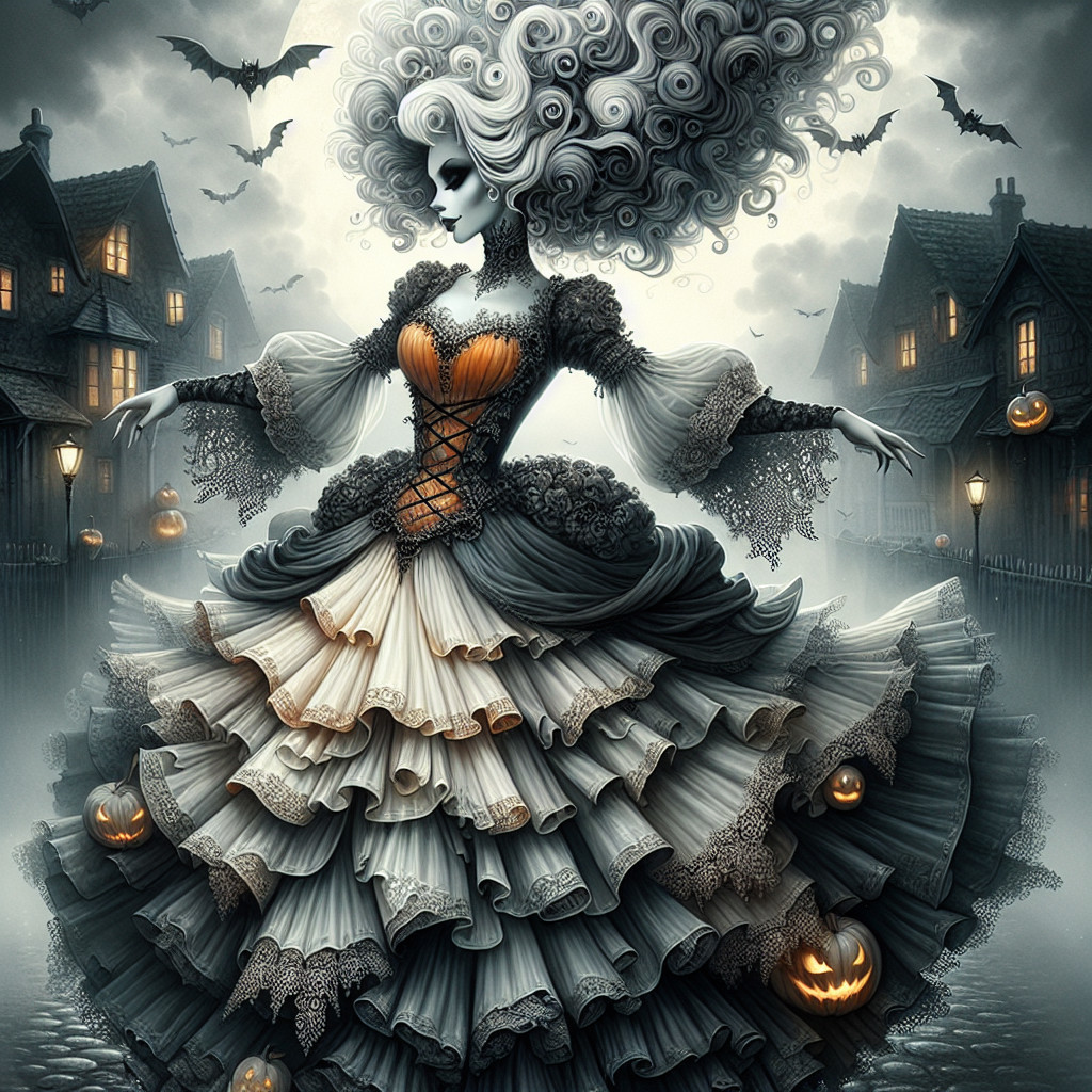 Gothic Figure in Misty Moonlit Street with Pumpkins