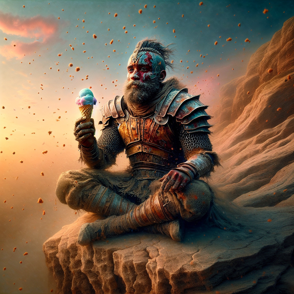 Warrior in Armor Enjoys Ice Cream at Sunset