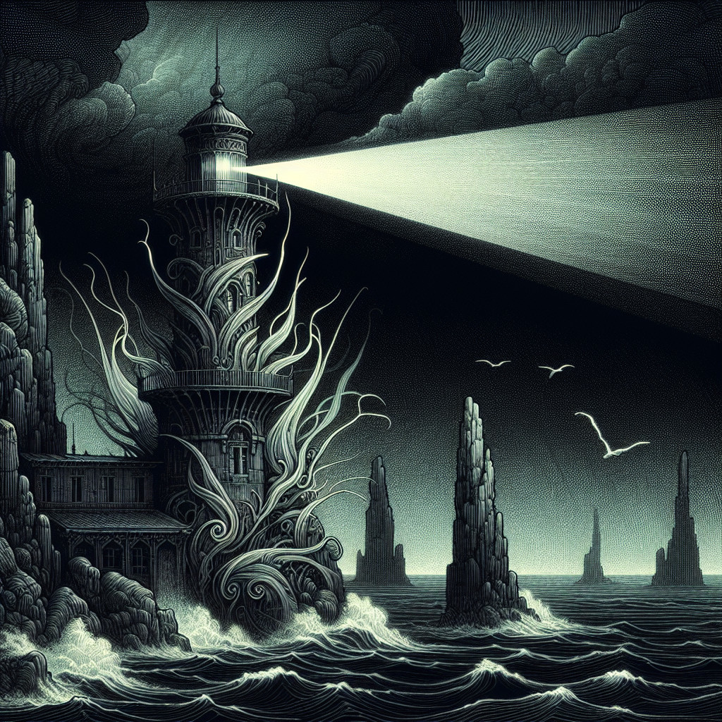 Monochromatic Lighthouse Amid Stormy Tentacle Shapes