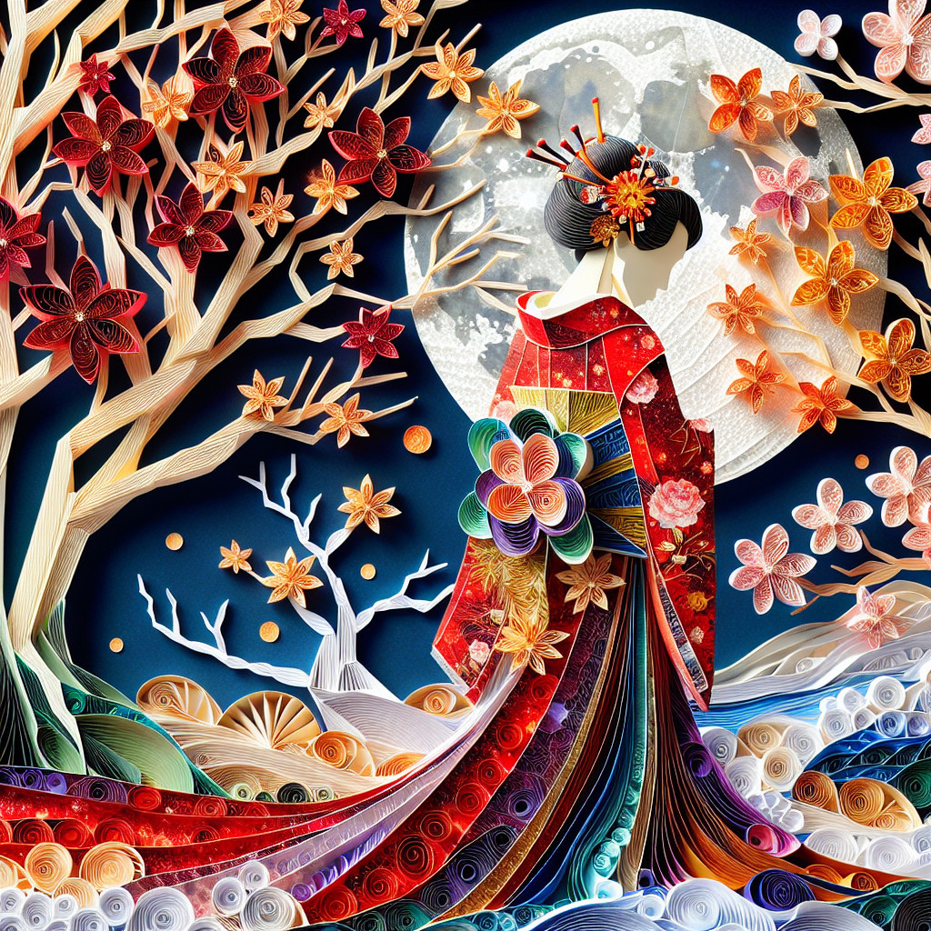 Paper Quilling Artwork of Kimono Figure Under Moon