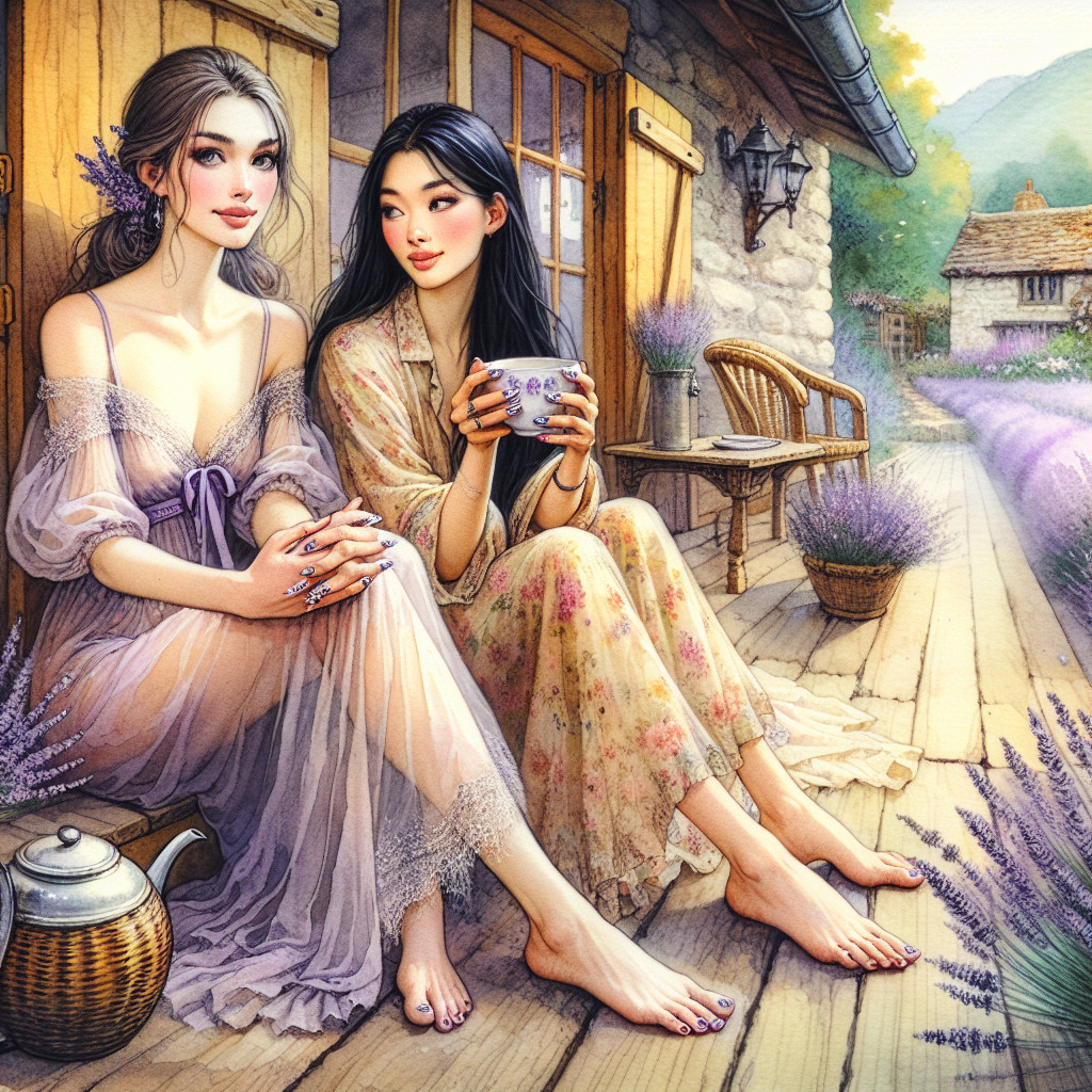 Young Women Relaxing on a Lavender-Adorned Porch