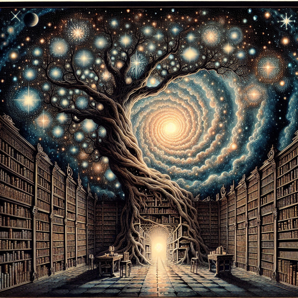 Library with Towering Bookshelves and Ancient Tree