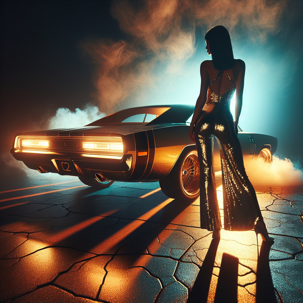 Glamorous Figure Next to Classic Muscle Car in Smoke
