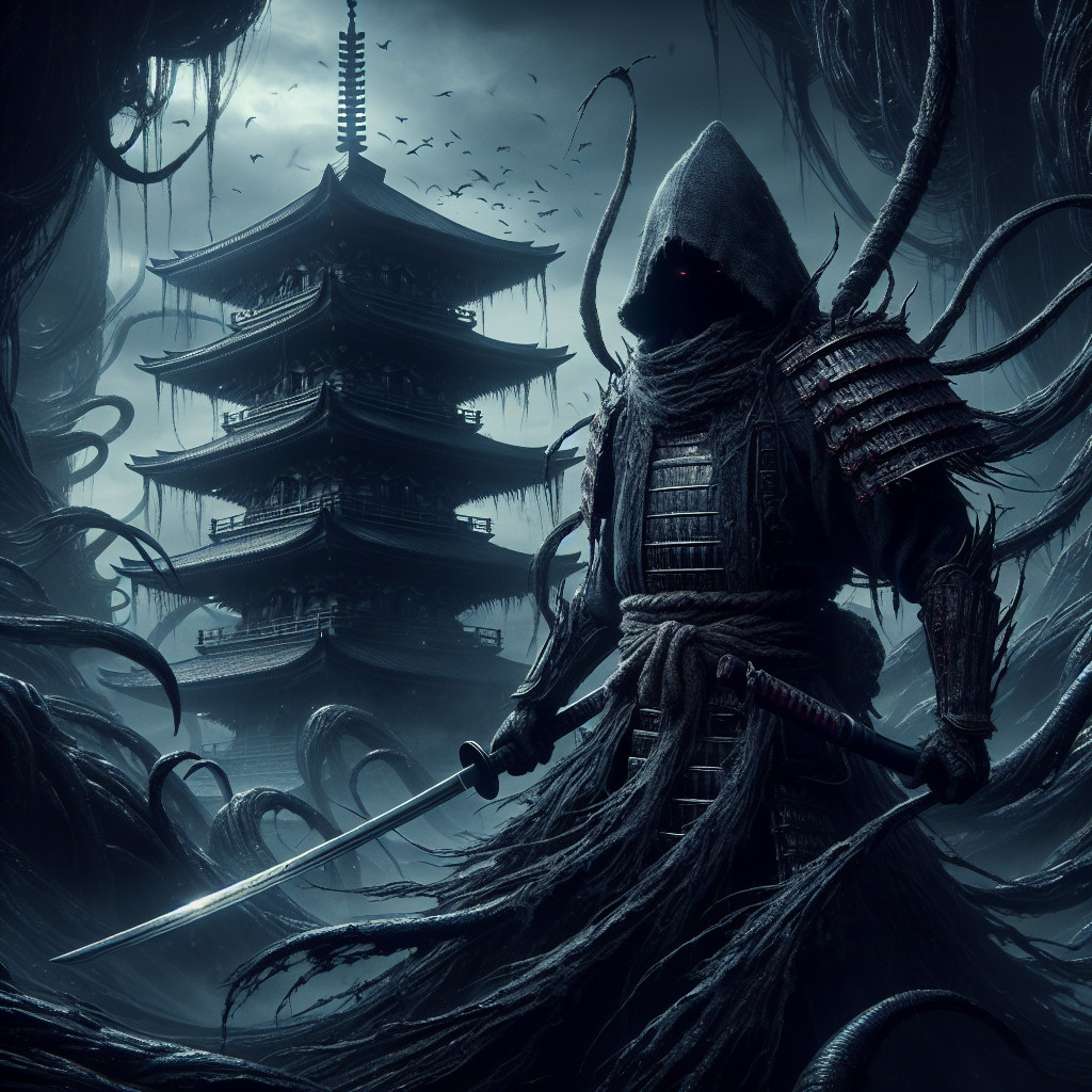 Dark Figure in Twisted Landscape with Pagoda and Mist