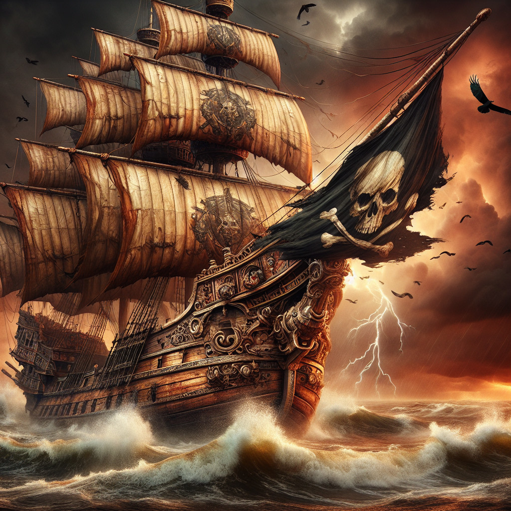 Majestic pirate ship sailing through stormy seas