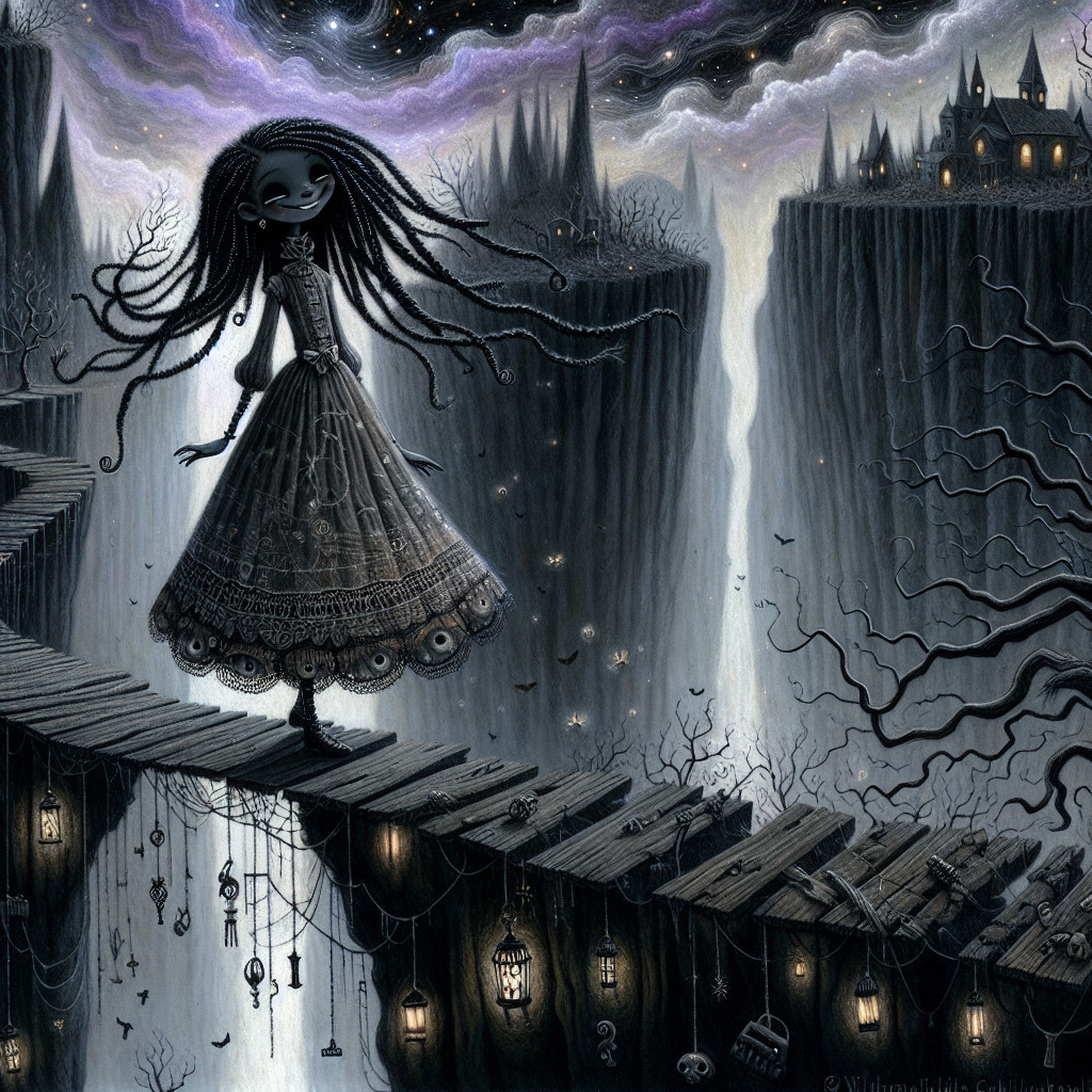 Whimsical Dark Landscape with Girl on Wooden Bridge