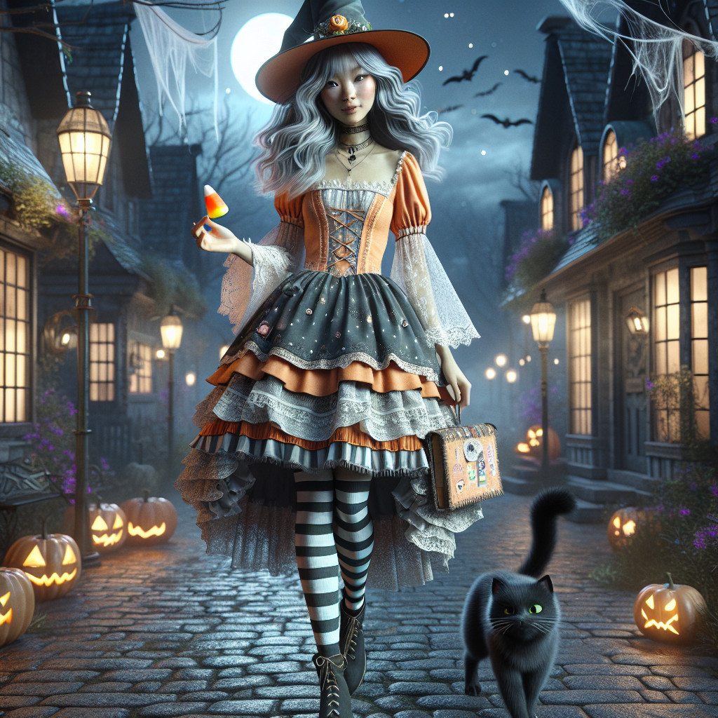 Whimsical Halloween Scene with Young Witch and Cat