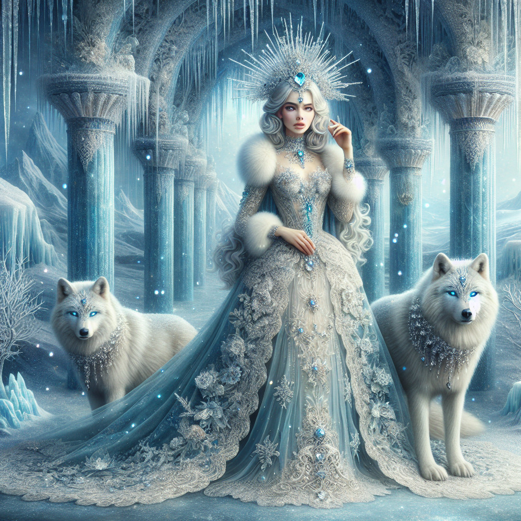 Ice Queen in Gown with Wolves in Ice Palace Scene