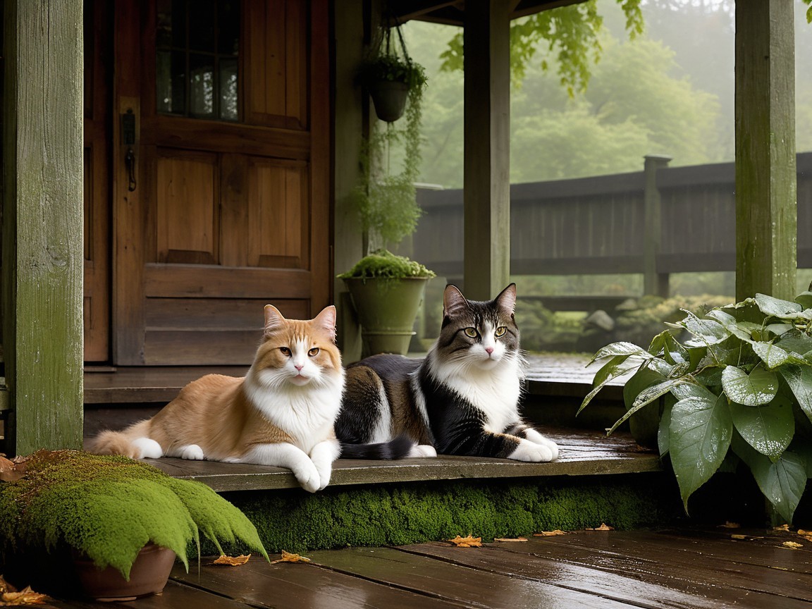 Cats Relaxing on a Wooden Porch Amidst Greenery