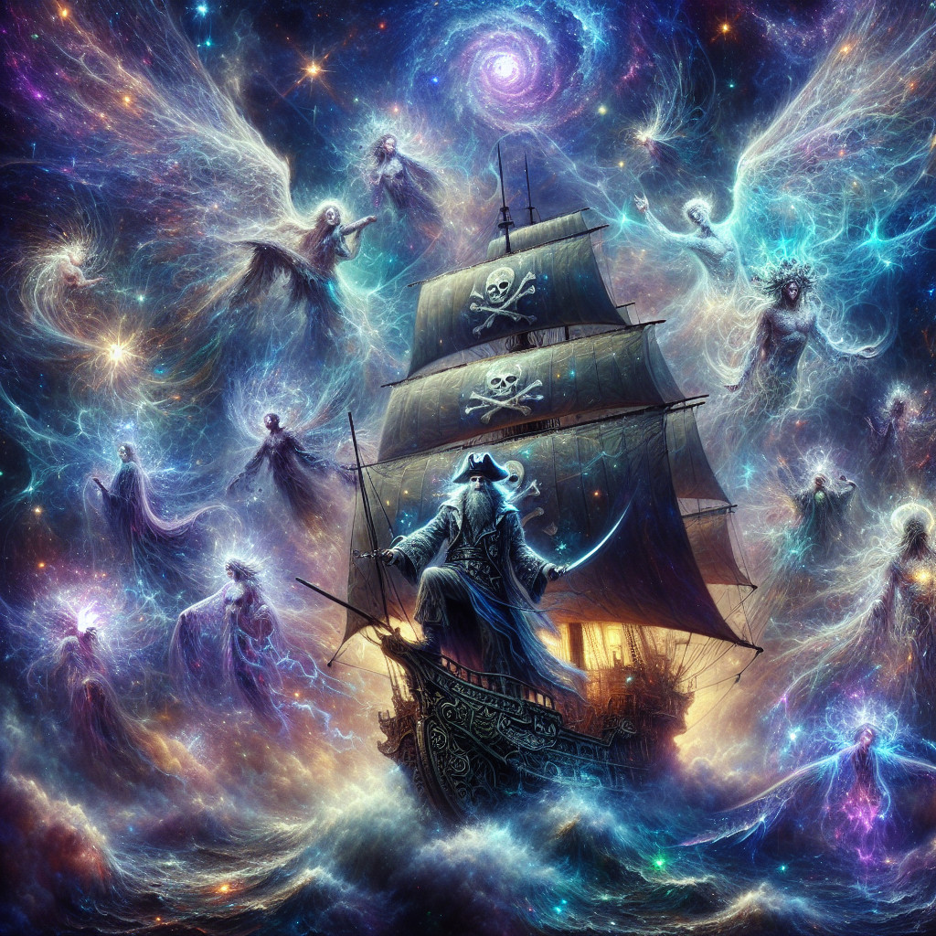Majestic ship in cosmic sea with ghostly figures