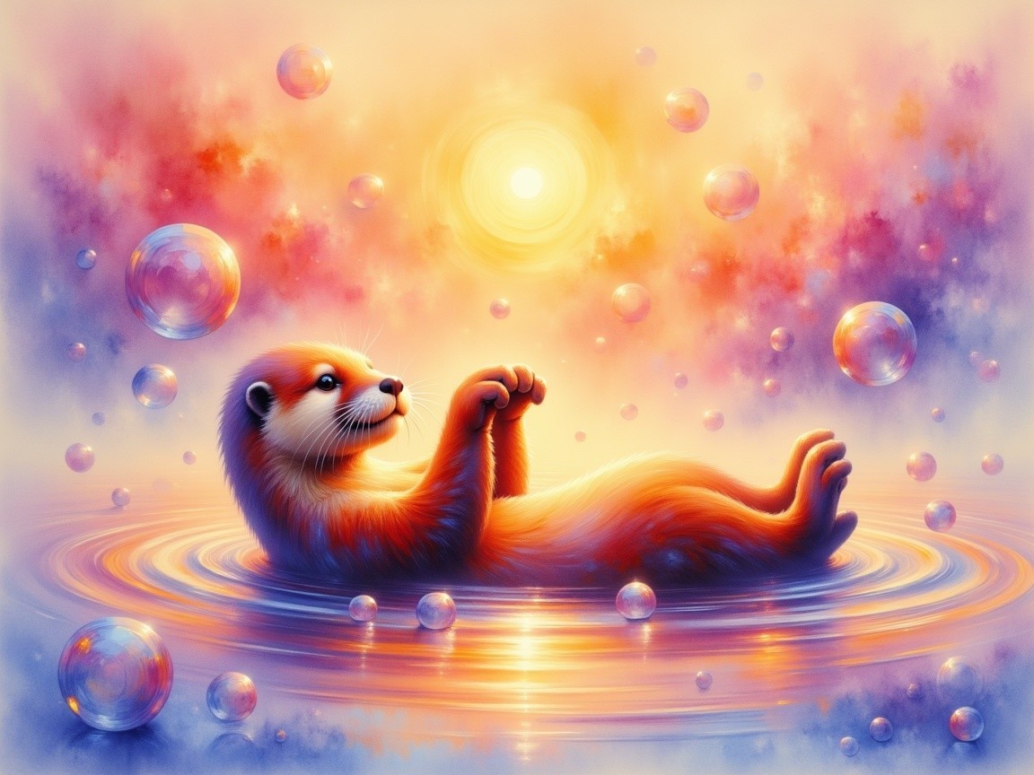 Playful otter floating in serene pastel waters