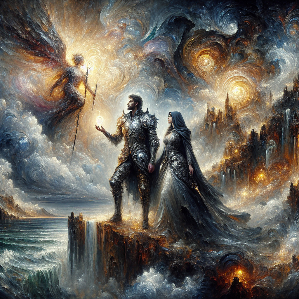 Knight and Woman on Cliff Overlooking Turbulent Seas
