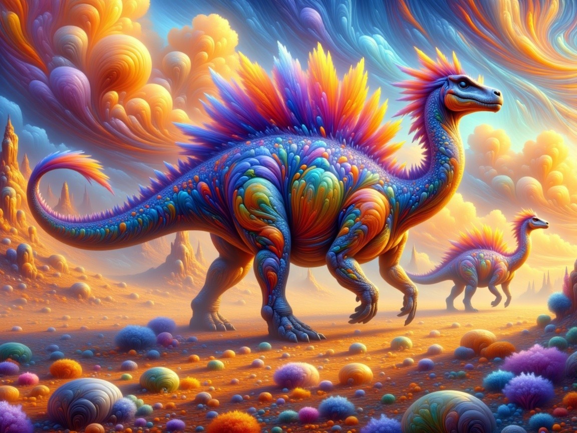 Colorful Dinosaurs in a Surreal Landscape Scene