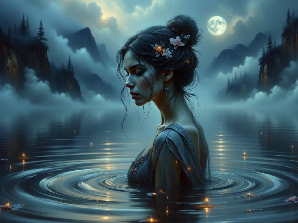 Serene figure by tranquil lake under full moonlight
