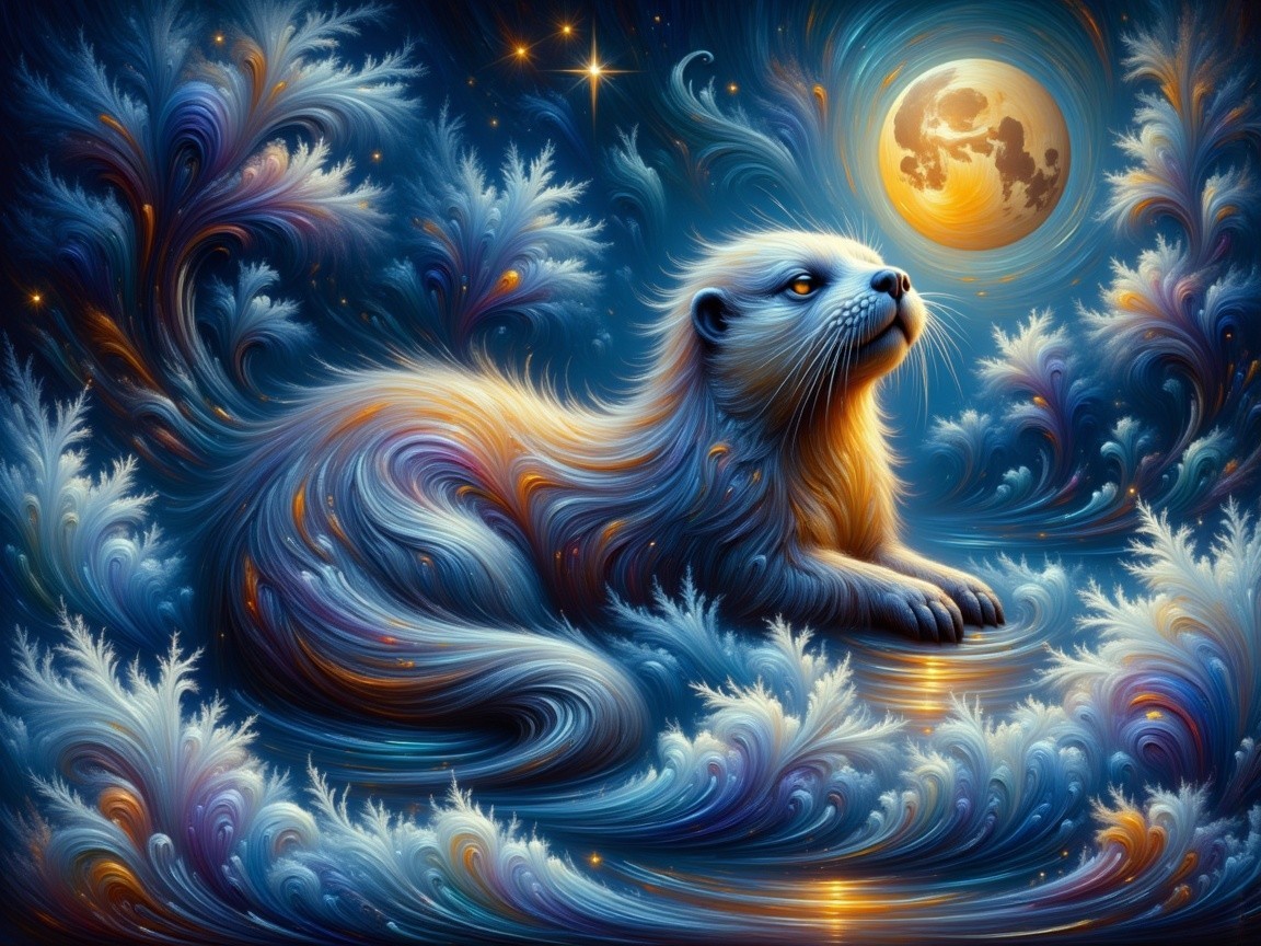 Stylized Otter on Vibrant Waves Under Moonlight