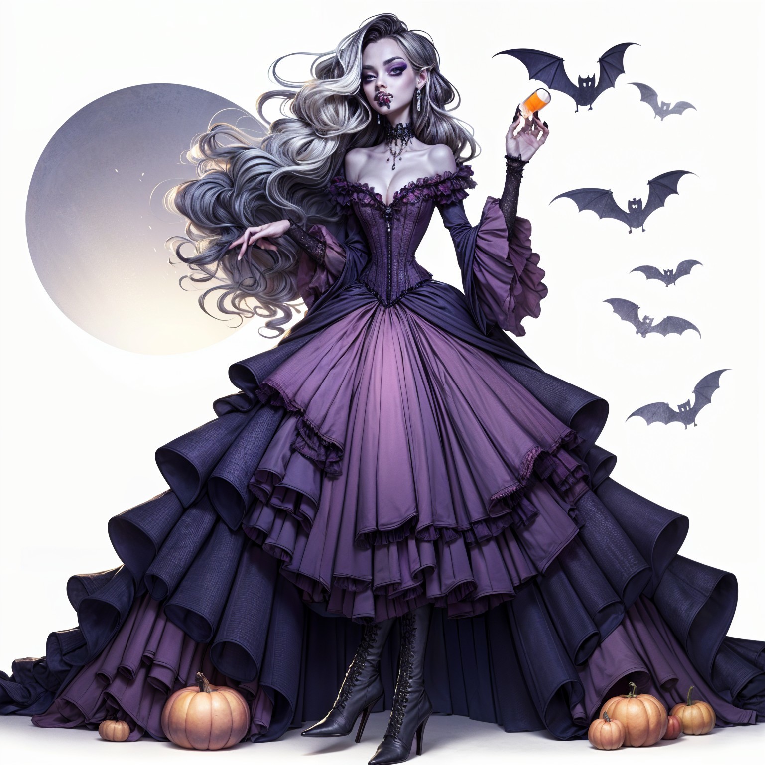 Elegant figure in purple gown with pumpkin and bats
