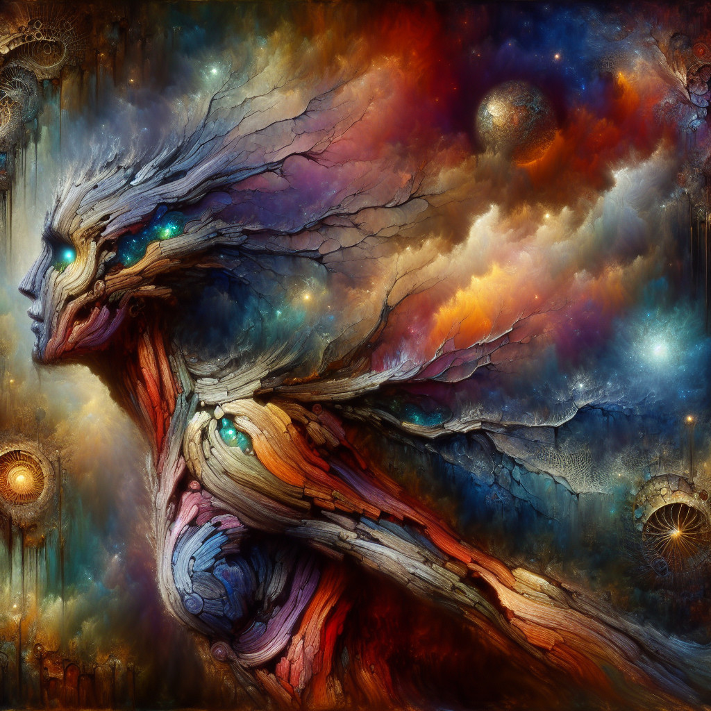 Surreal Ethereal Figure with Cosmic Elements and Colors