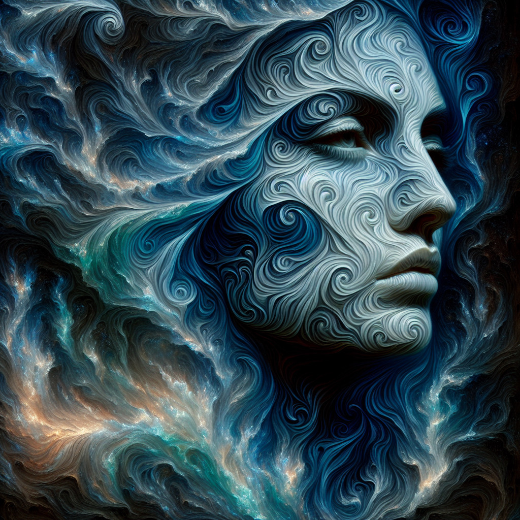 Ethereal Face Merging with Cosmic Patterns in Blue